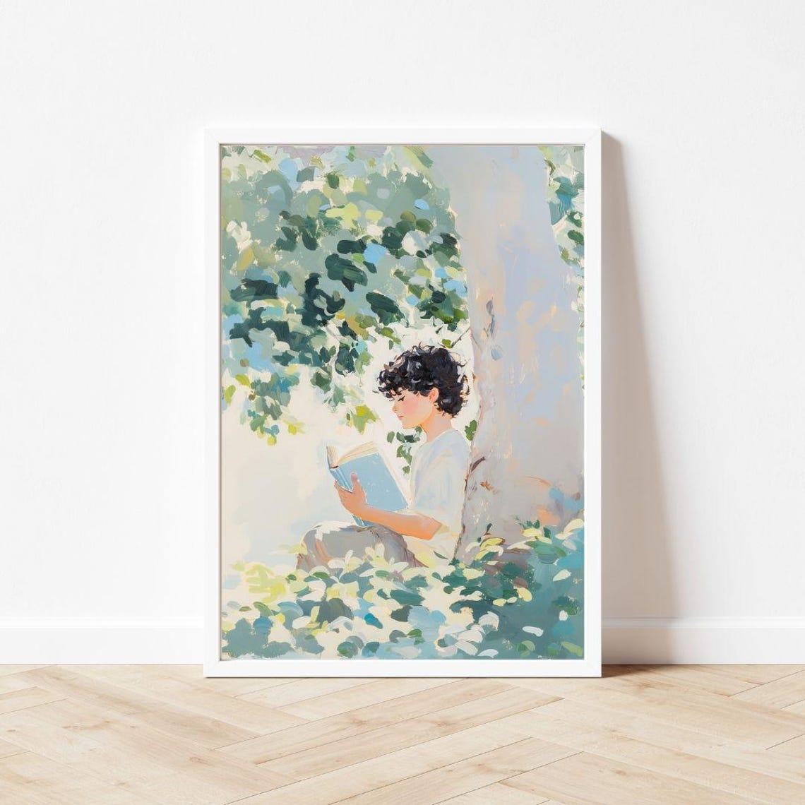 Young Boy Reading A Book Under A Shady Tree In A Sunny Garden Poster - Image 3