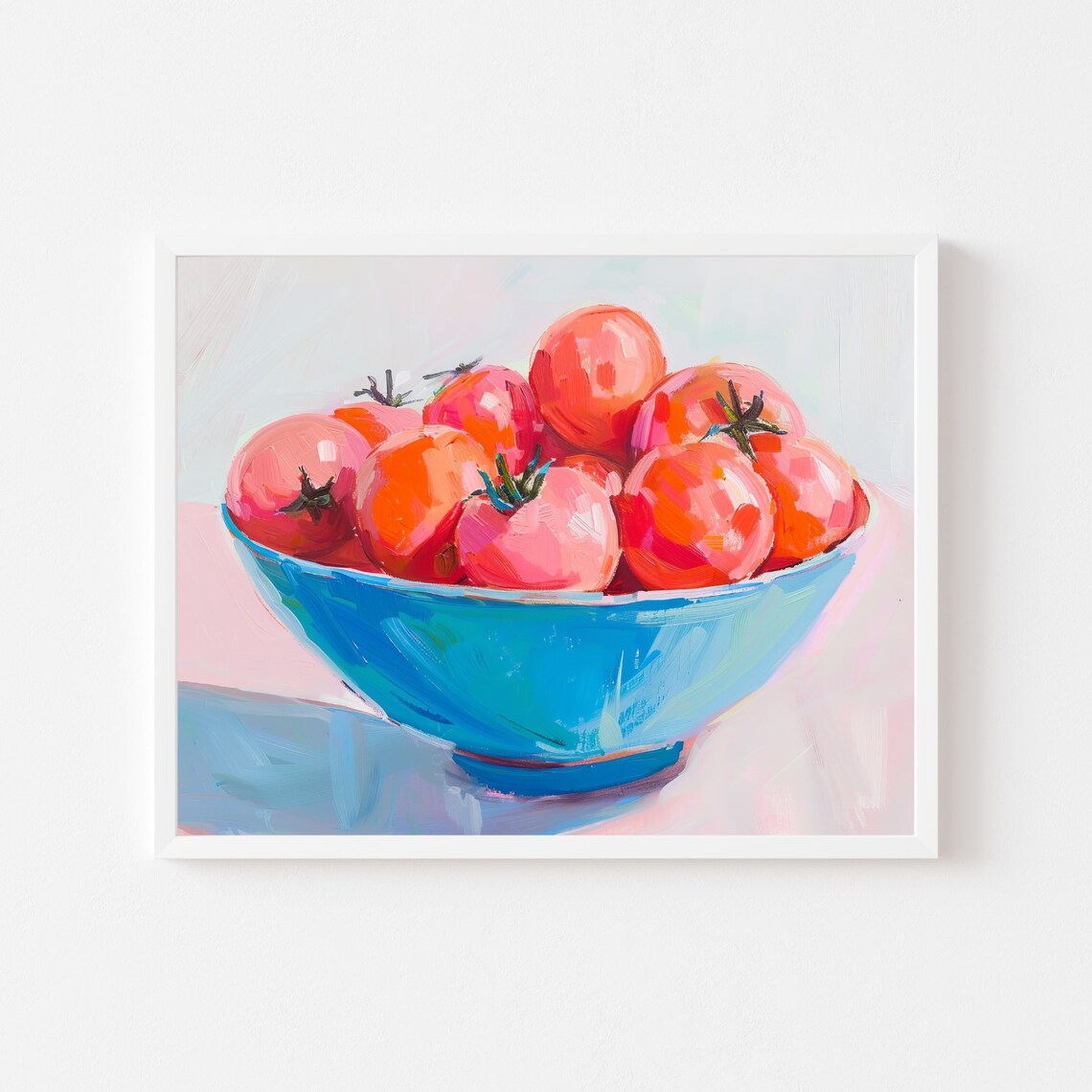 Colorful Tomato Bowl Painting, Blue Kitchen Food Art Print