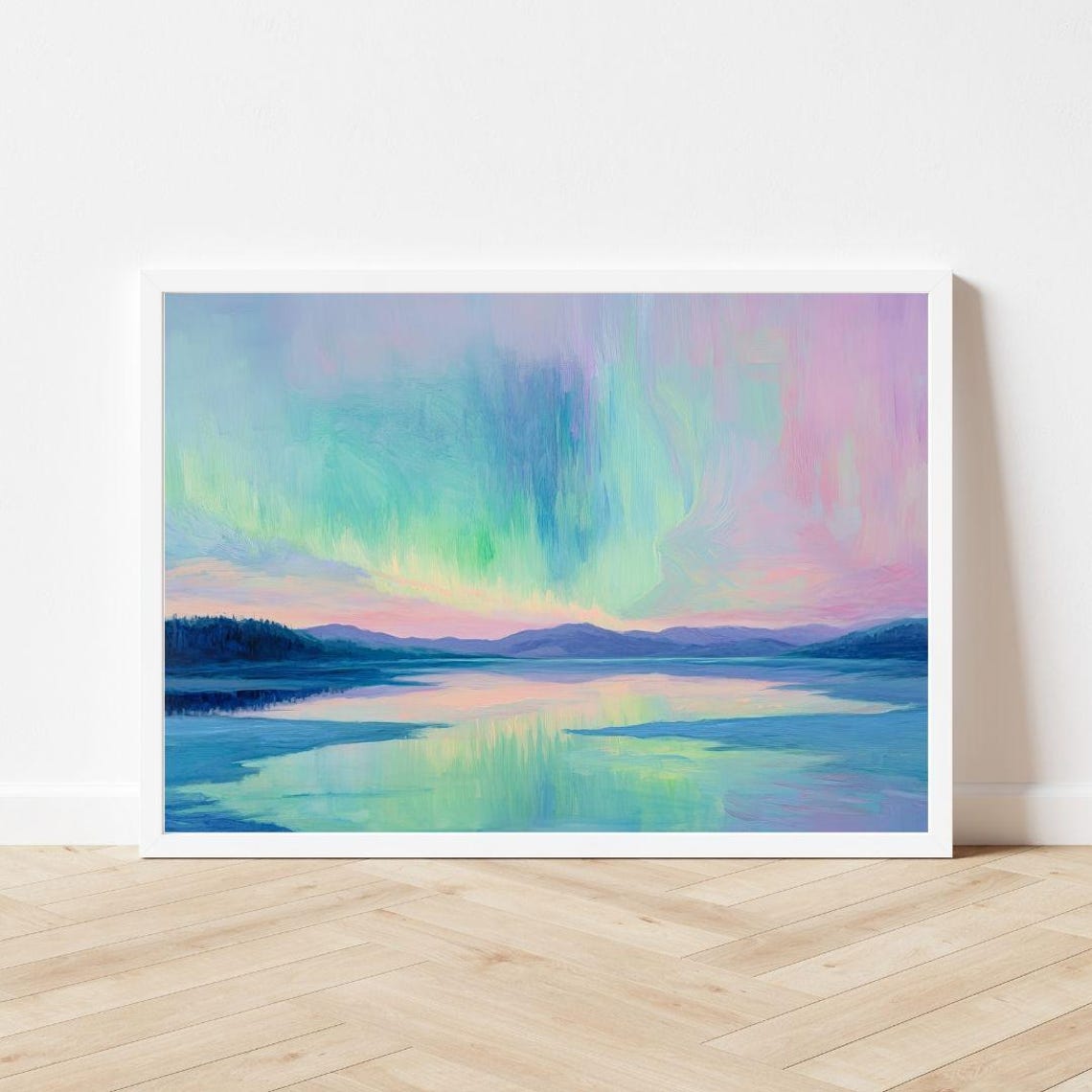 Pastel Northern Lights Over a Still Lake and Mountains Poster - Image 3