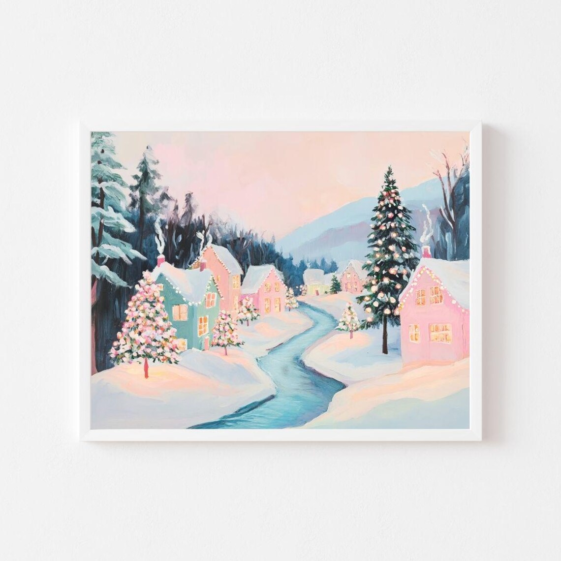 Snowy Christmas Village River, Pastel Winter Art Print
