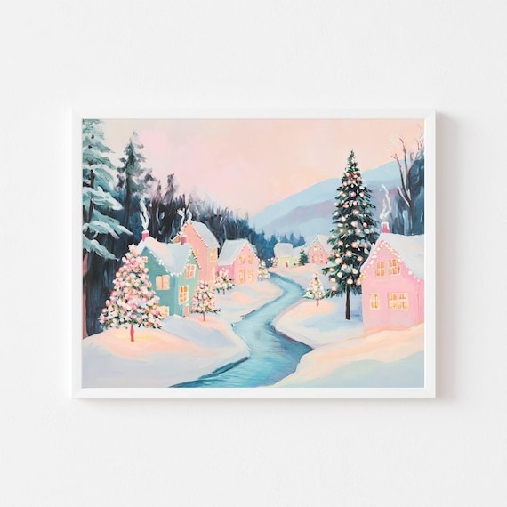 Snowy Christmas Village River, Pastel Winter Art Print