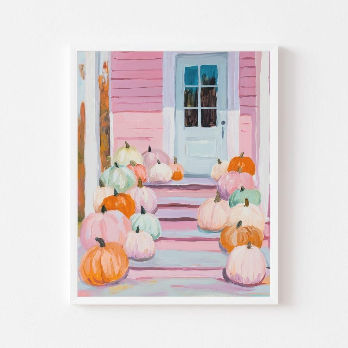 Pink House Porch Pumpkins Autumn Steps Colorful Fall Harvest Poster