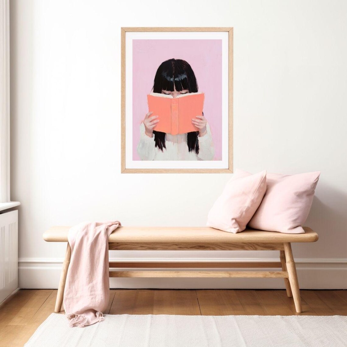 Asian Girl Reading Orange Book, Pastel Wall Art Print - Image 2