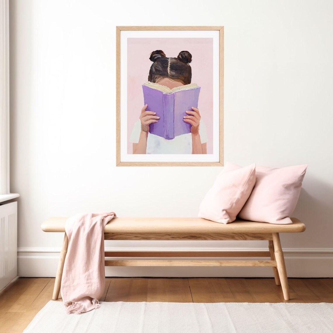 Brunette Girl Reading Purple Book, Pastel Art Print - Image 2