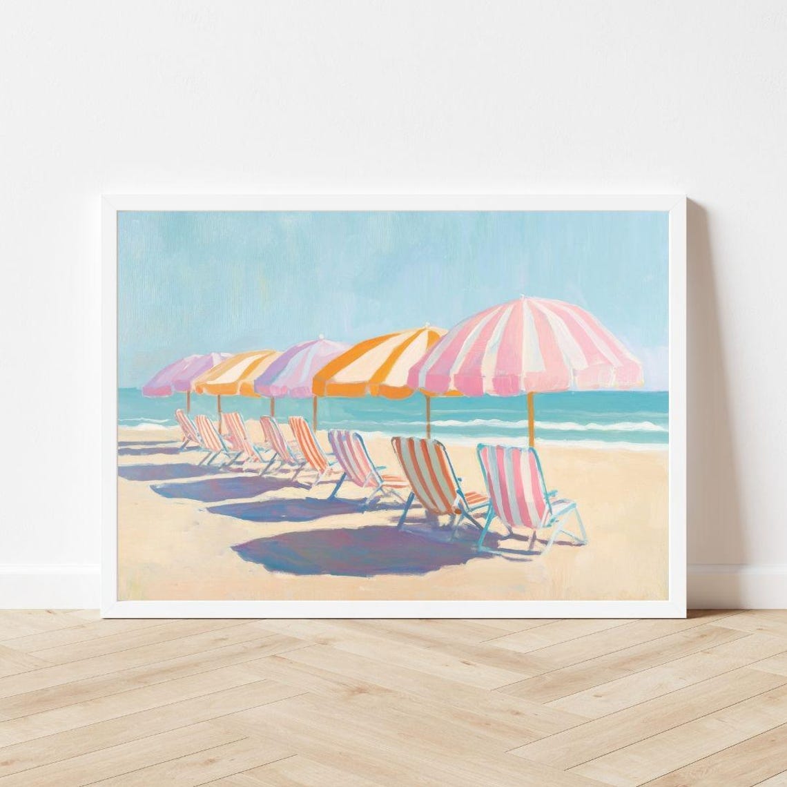 Striped Beach Chairs and Umbrellas Pastel Summer Coast Poster - Image 3