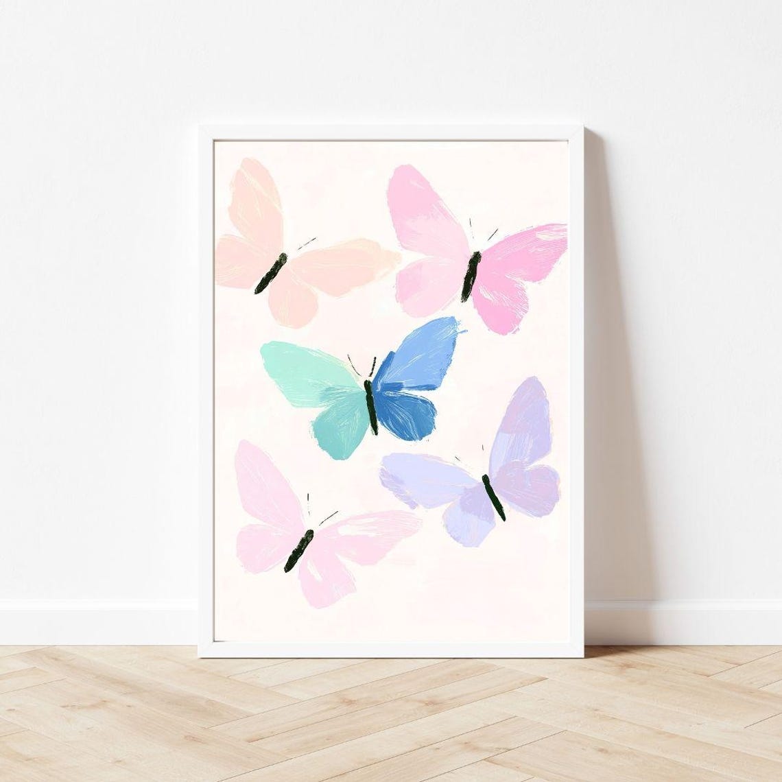 Five Pastel Butterflies Soft Pink Blue Watercolor Insect Poster - Image 3