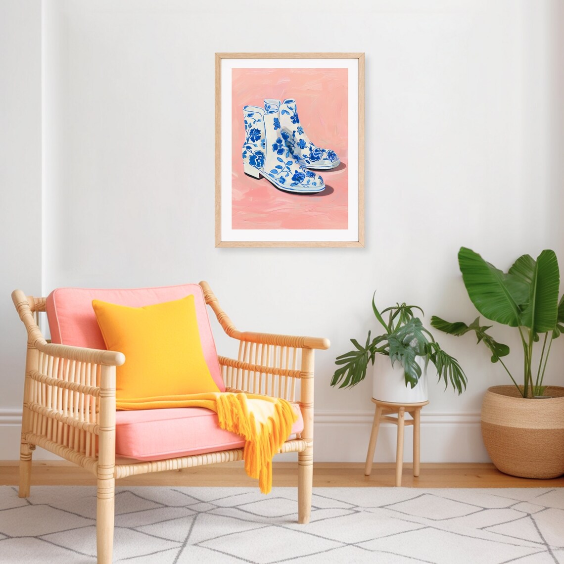 Blue Floral Boots, Retro Vintage Delft Art Print - Image 2