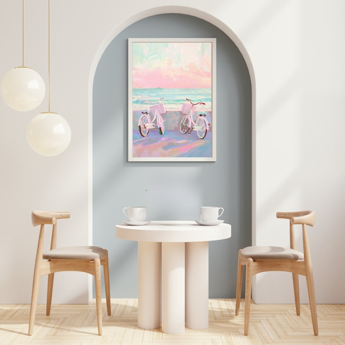 White Beach Cruiser Bikes by the Sea at a Pink Sunset Poster - Image 2