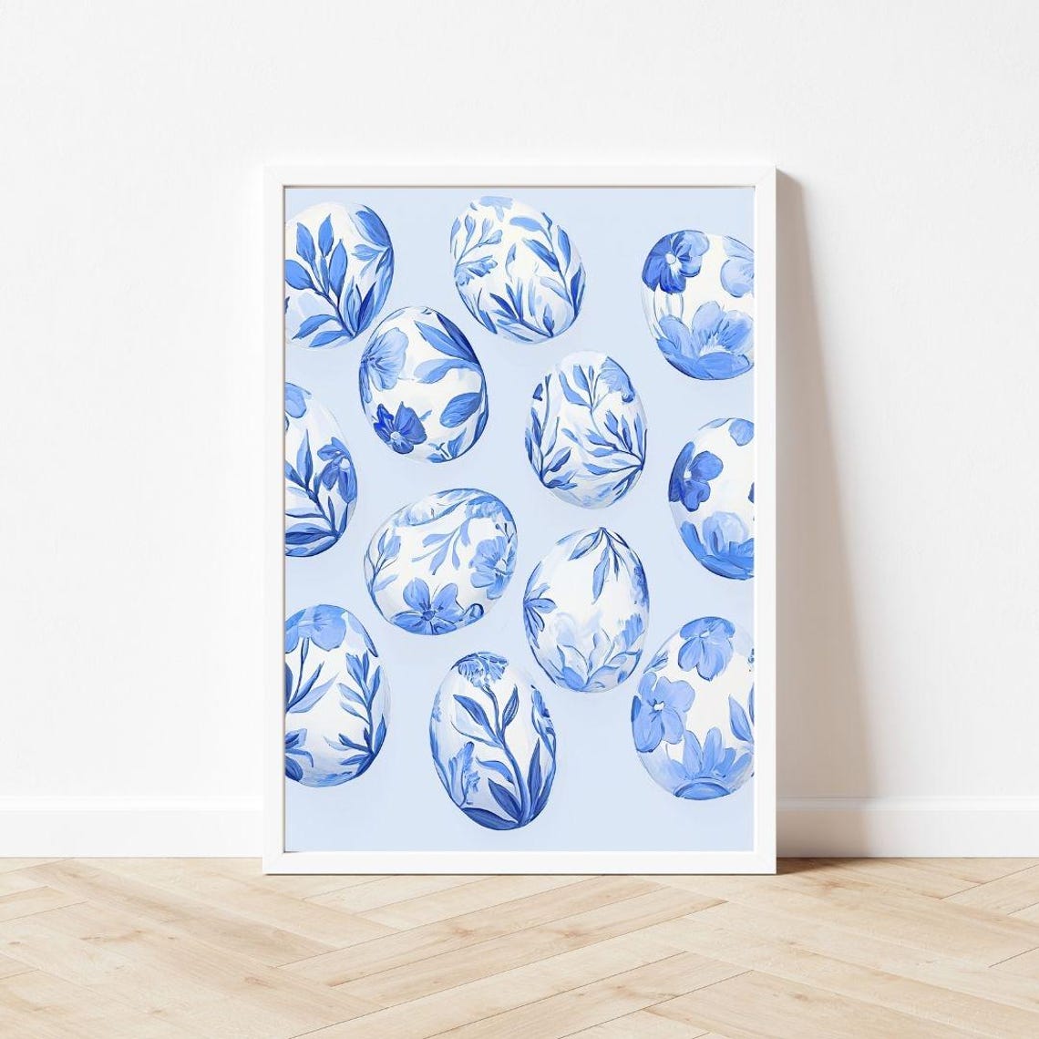 Blue Floral Pattern Easter Eggs Chinoiserie Style Painting Poster - Image 3
