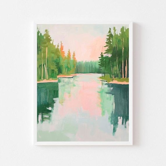 Green Lake and Trees, Vibrant Neon Forest Art Print
