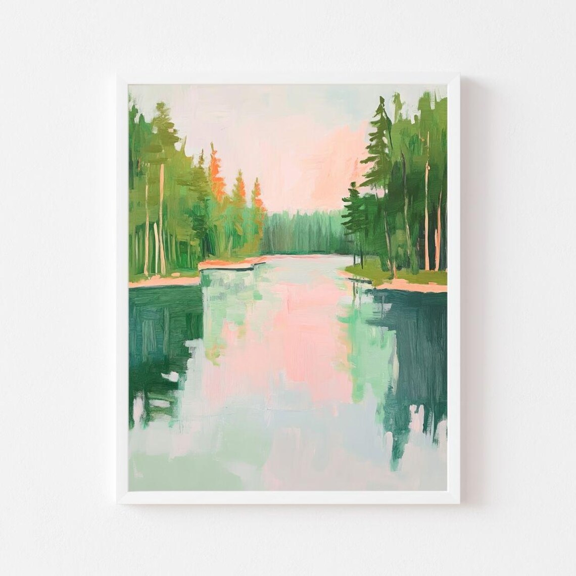 Green Lake and Trees, Vibrant Neon Forest Art Print