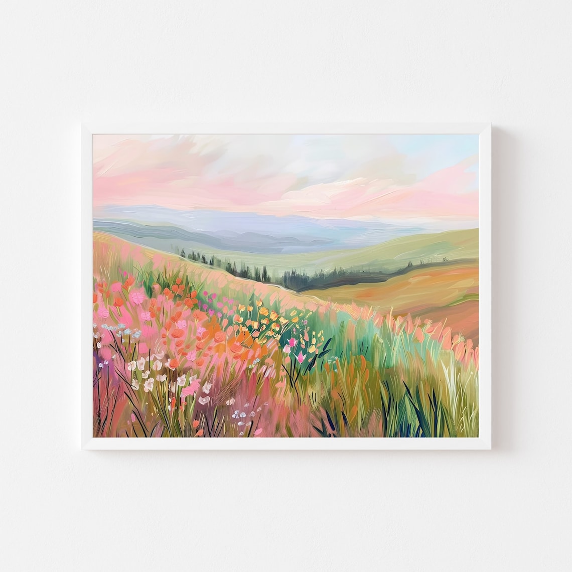 Colorful Autumn Meadow Landscape, Floral Hill Wall Art Print