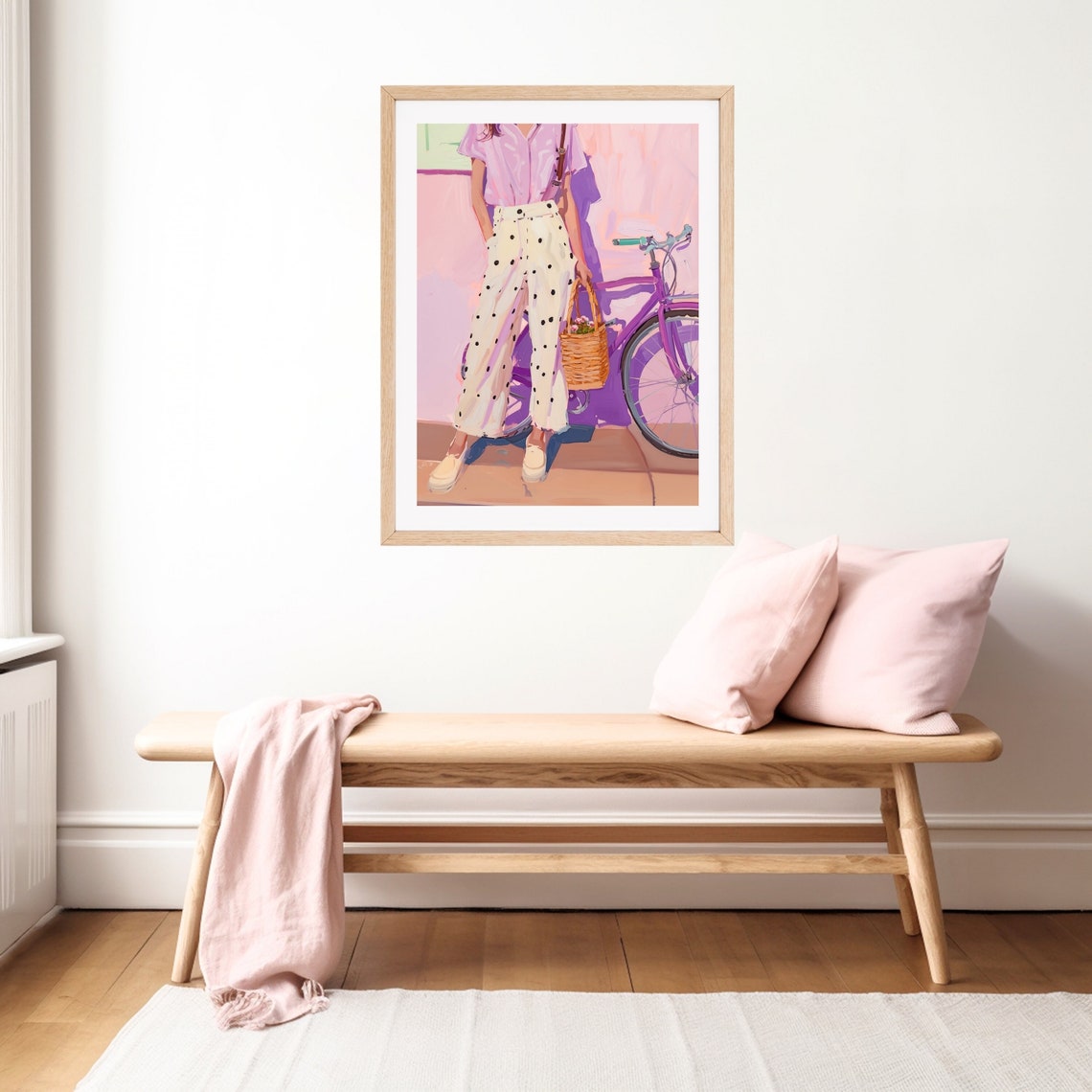 Retro Woman In Polka Dots With Bike Painting Spring Fashion Wall Art Print Colorful Pastel Girly Pink - Image 3