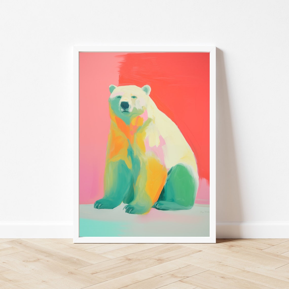 Colorful Polar Bear Portrait On A Bright Coral Red Background Poster - Image 3