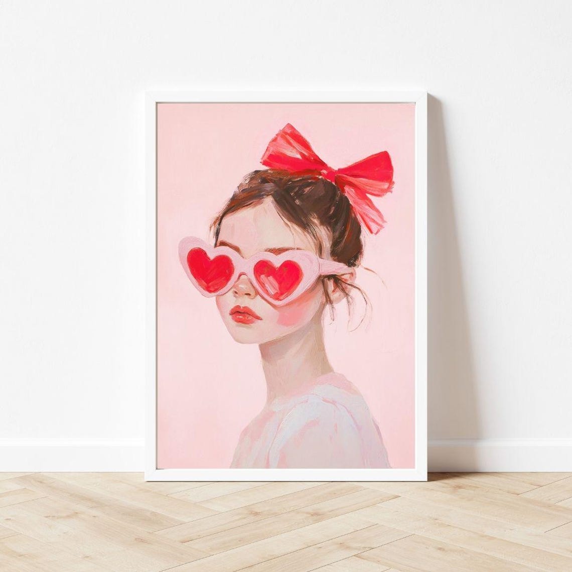 Girl With Heart Sunglasses Painting Valentines Day Wall Art Print Pink Girls Room Preppy Red Bow Portrait - Image 3