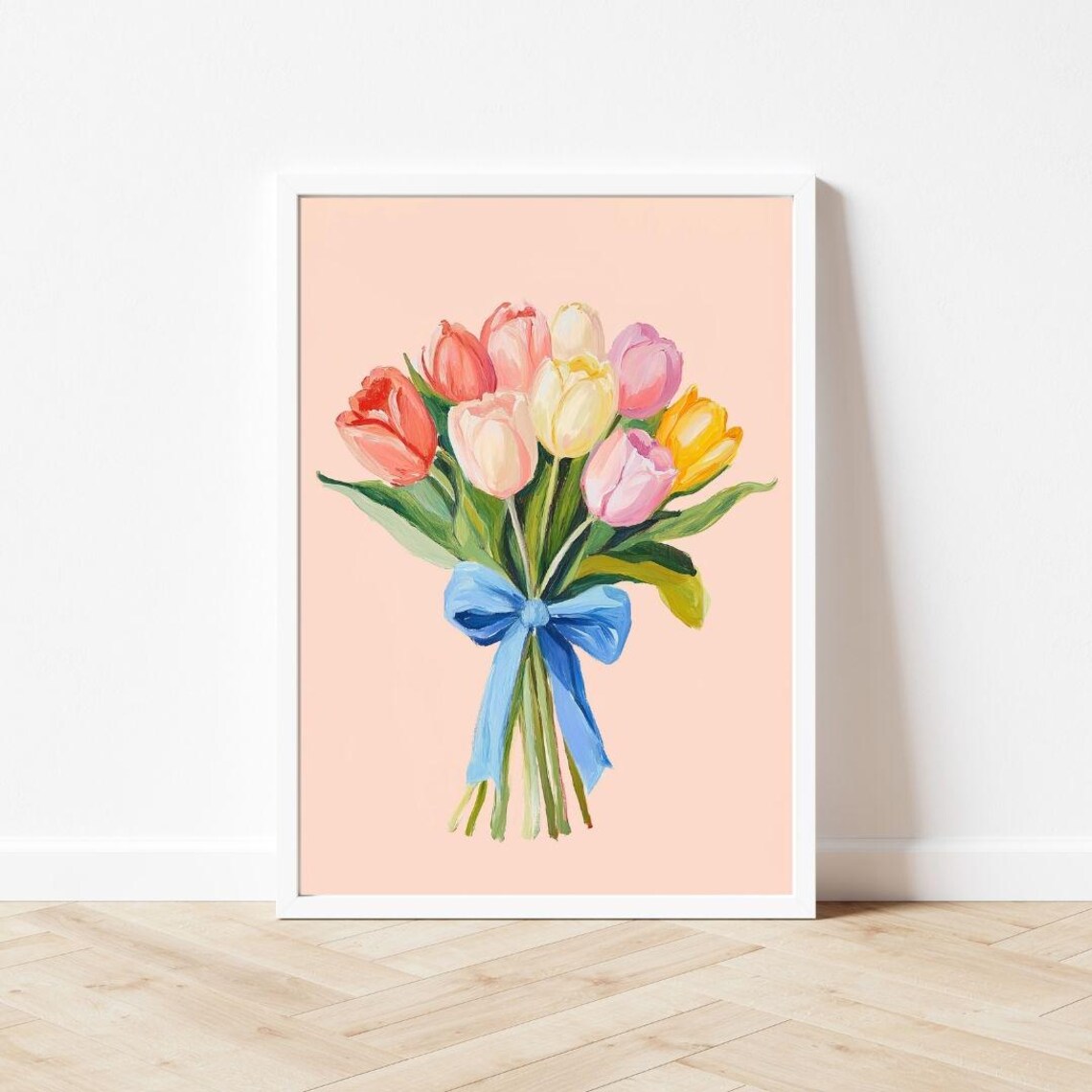 Tulip Bouquet Tied With A Blue Bow Pastel Floral Painting Poster - Image 3