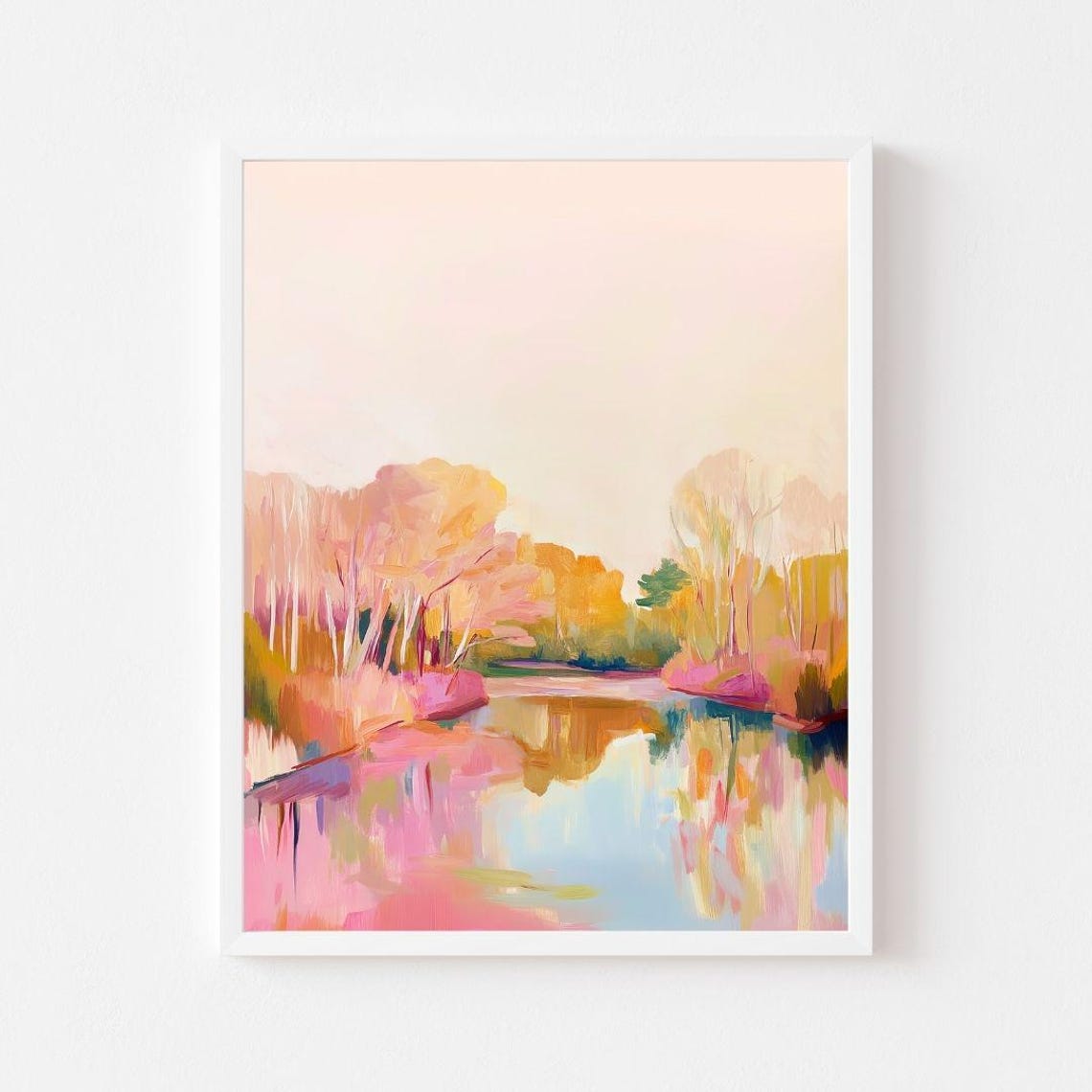 Pink Autumn Lake With Fall Trees Mirrored In The Water Poster