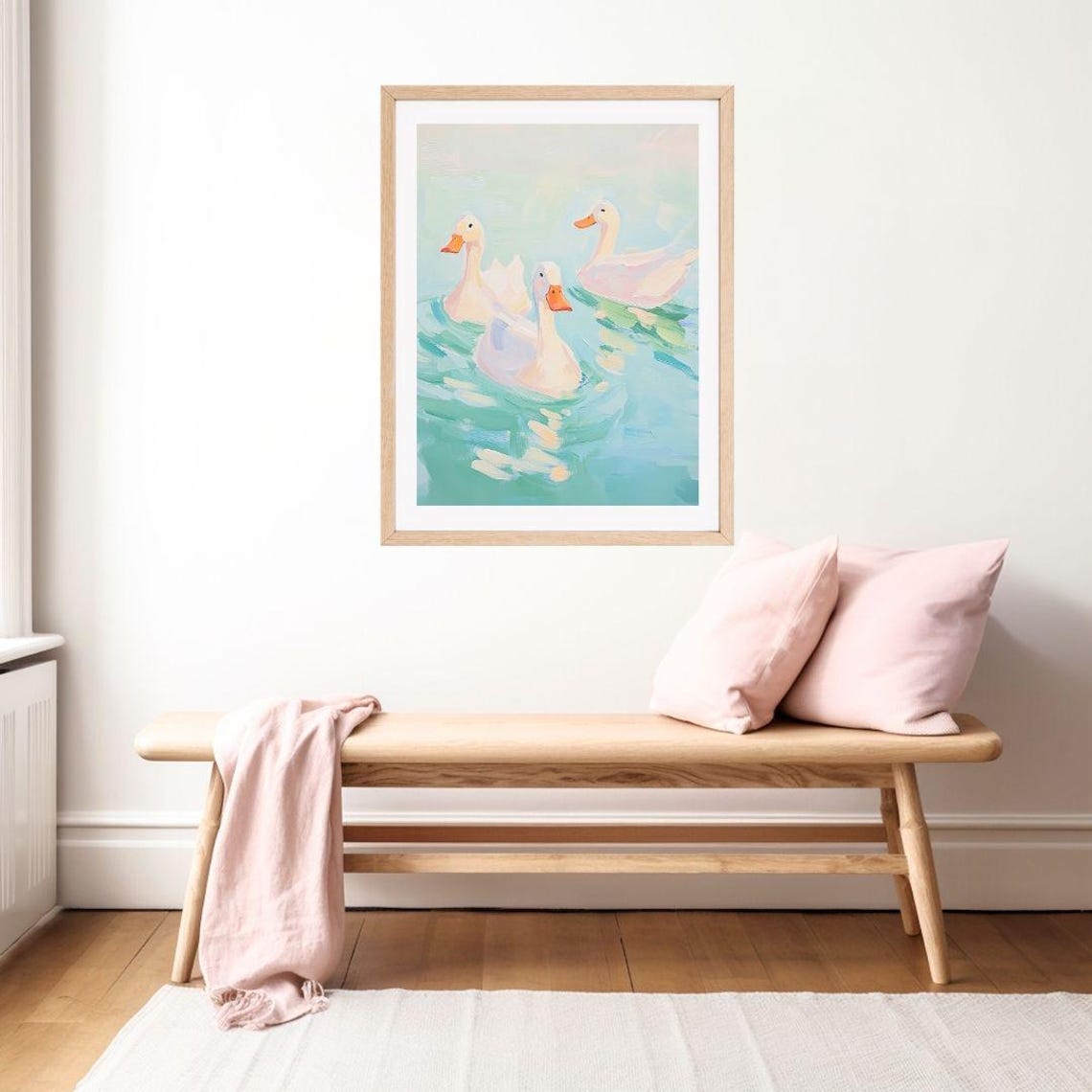 Three White Ducks Swimming on Turquoise Water Painting Poster - Image 2