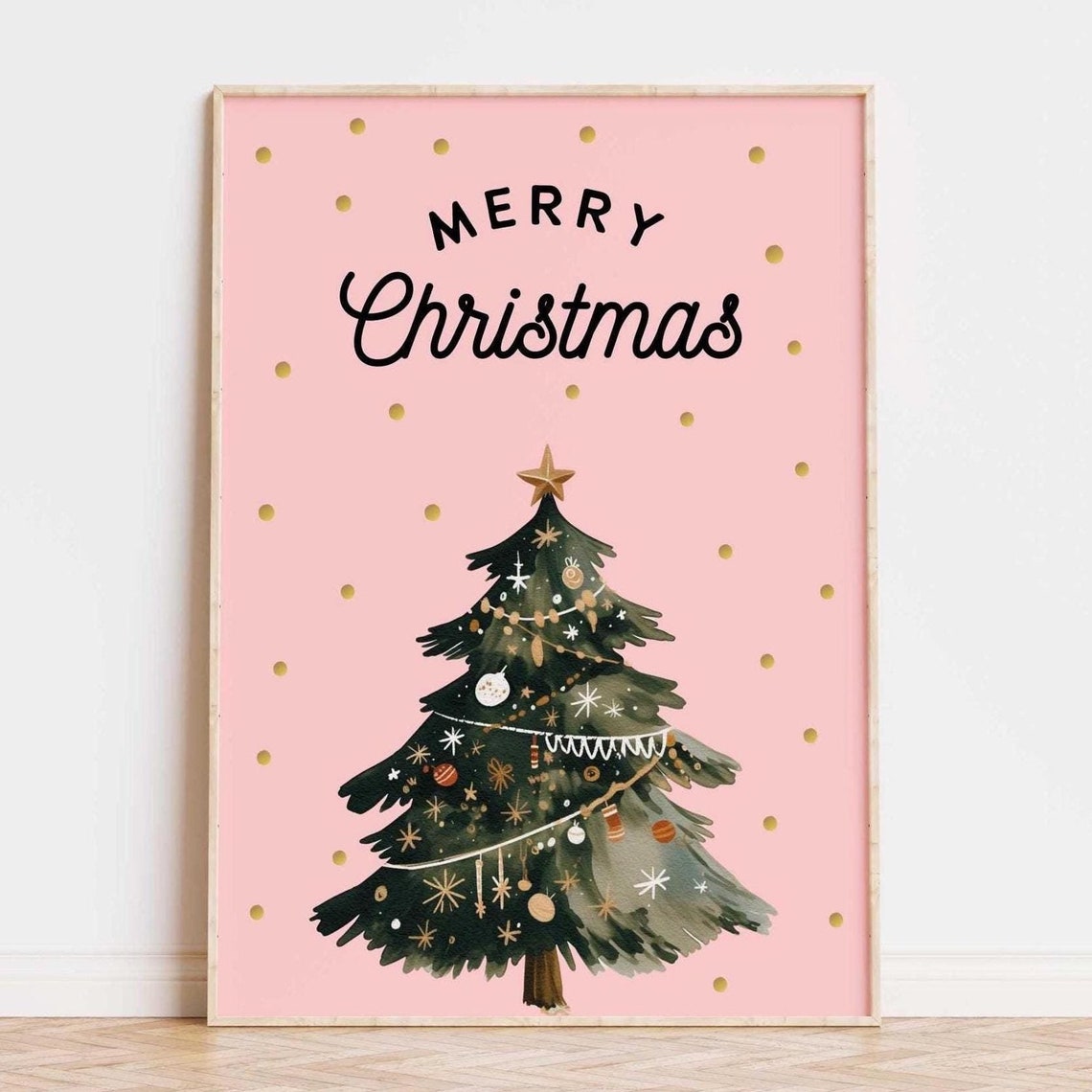 Playful Black Merry Christmas Script Pink Watercolor Tree Poster
