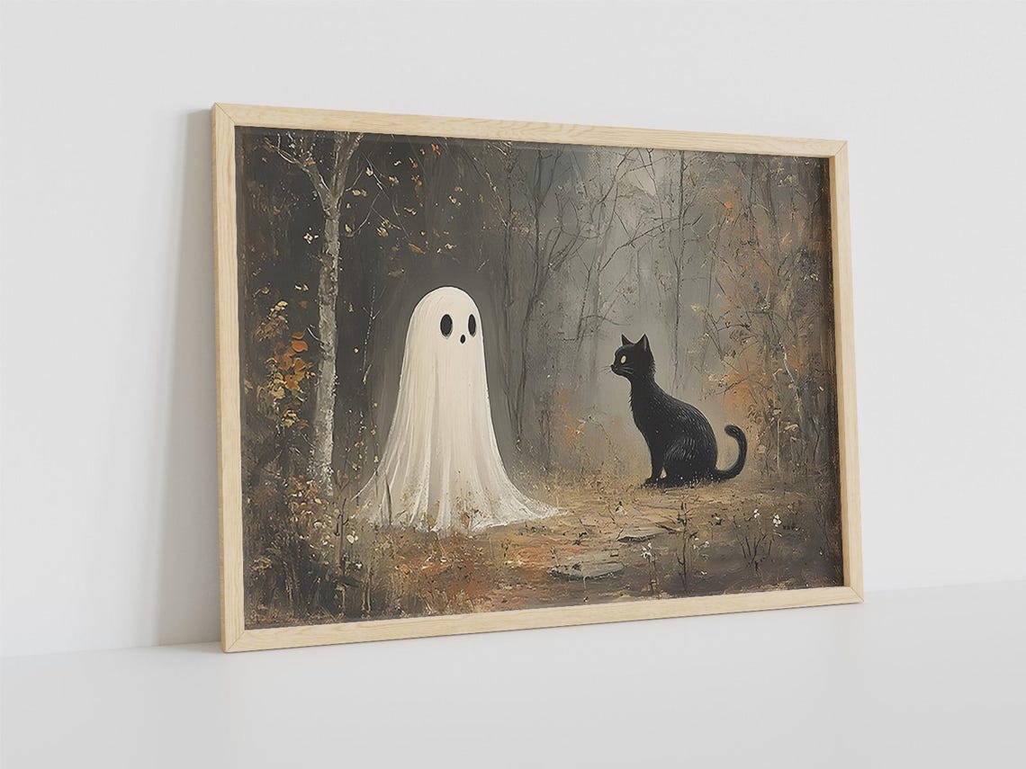 Cute Ghost And Black Cat In Misty Forest Spooky Halloween Art Poster - Image 4