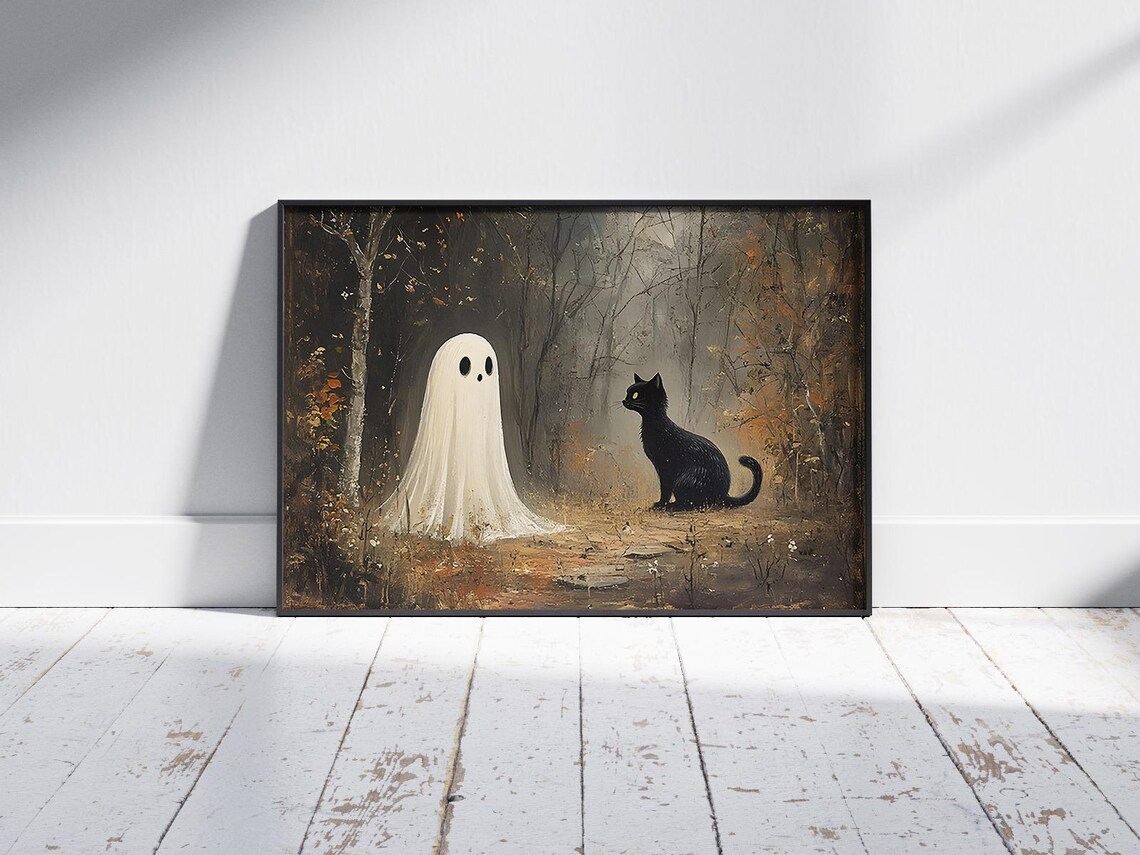 Cute Ghost And Black Cat In Misty Forest Spooky Halloween Art Poster - Image 2