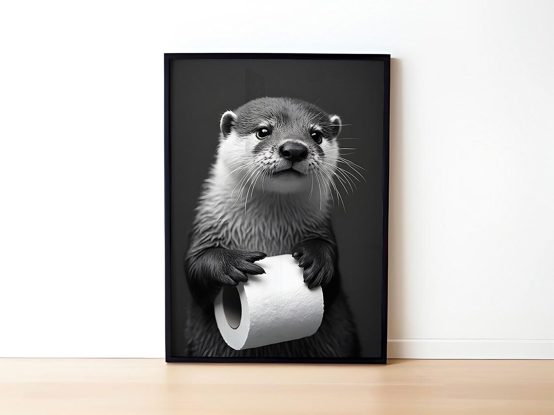 Cute Otter Holding Toilet Paper Funny Bathroom Black and White Poster