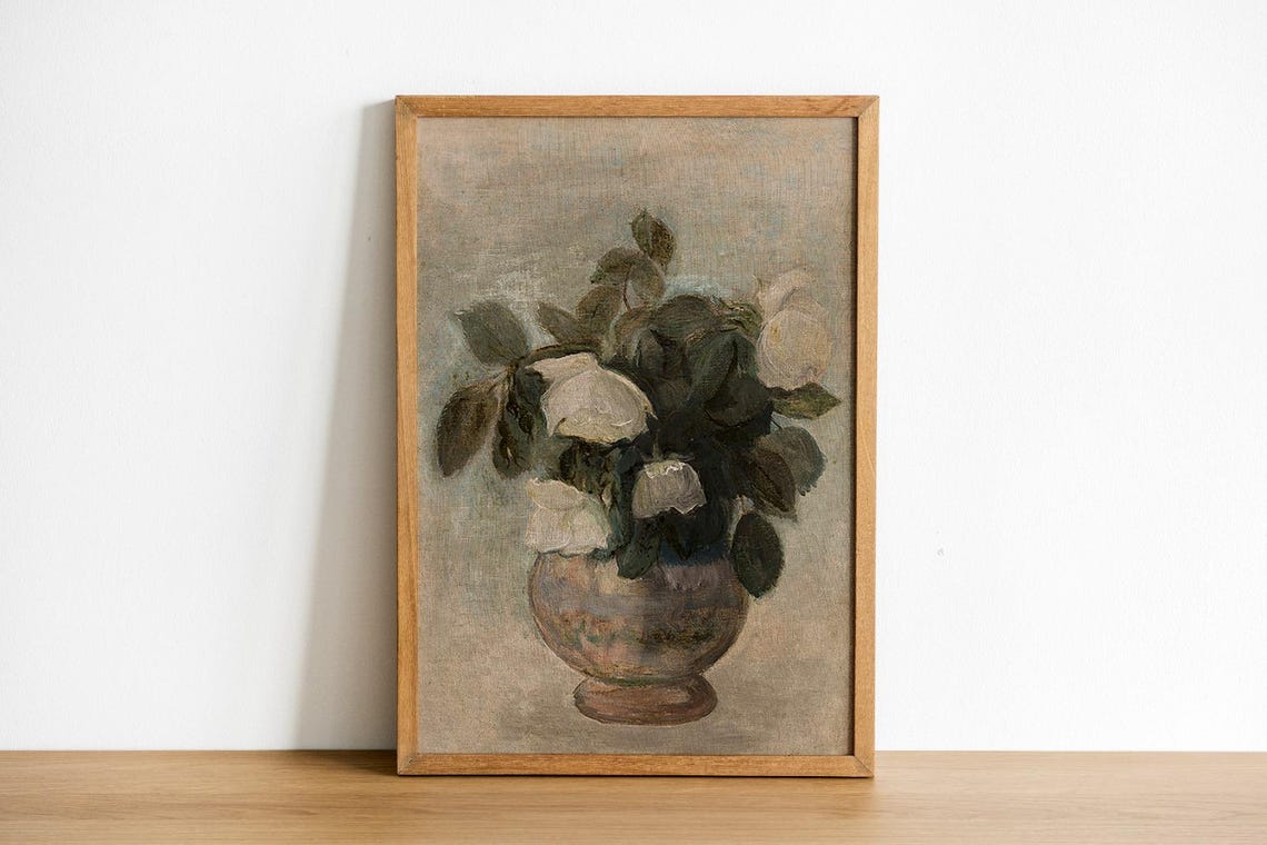 Vintage White Roses In Ceramic Vase Impressionist Botanical Poster