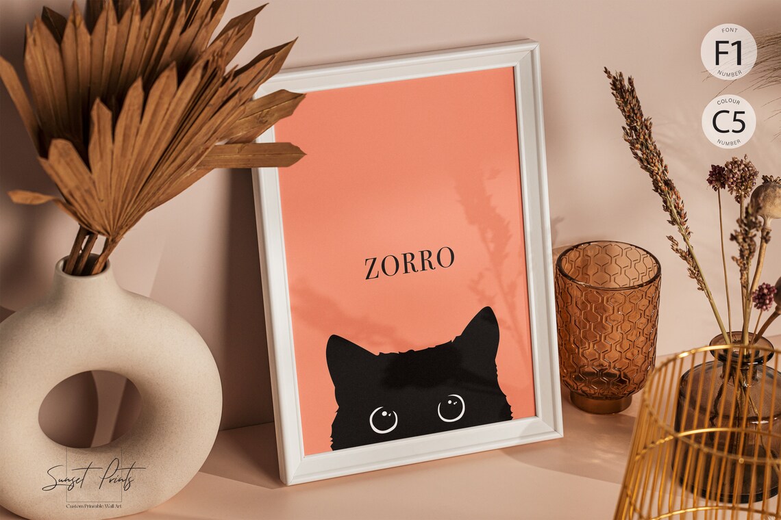 Cute Black Cat Peeking Illustration Custom Name Personalized Pet Wall Poster - Image 4