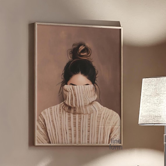 Woman With Messy Bun In Cozy Ribbed Turtleneck Neutral Portrait Print