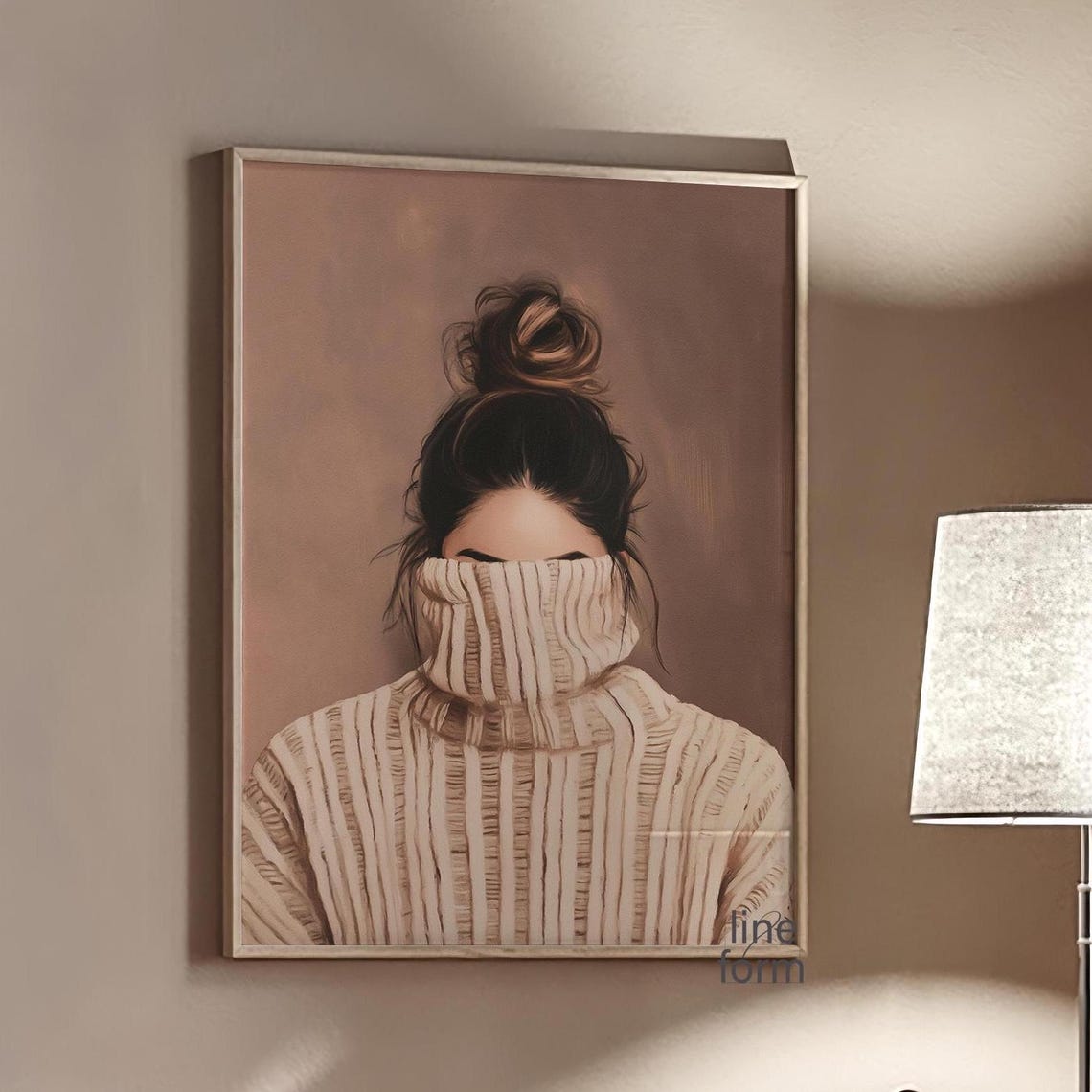Woman With Messy Bun In Cozy Ribbed Turtleneck Neutral Portrait Print