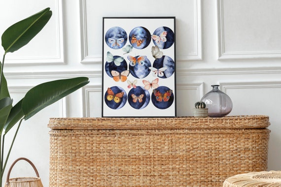Art Ink Blue Watercolor Butterfly Moon Phases Print On Ink Blue Background