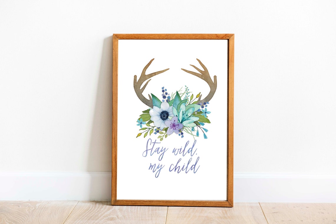 Stay Wild My Child Watercolor Antlers Flowers Whitetail Deer - Image 3