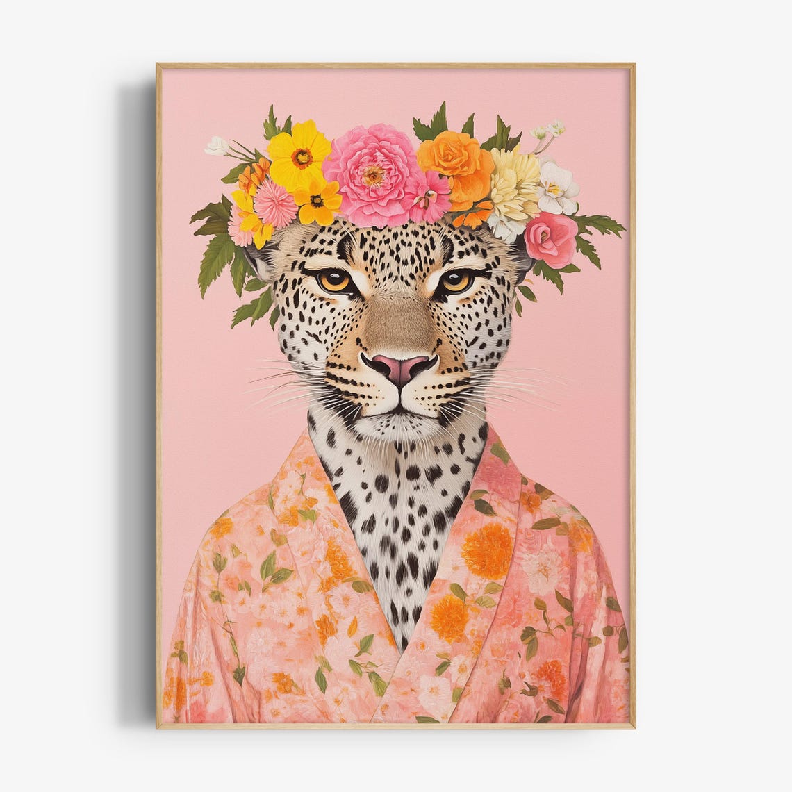 Leopard With Floral Crown Painting Kimono Style Maximalist Poster - Image 4