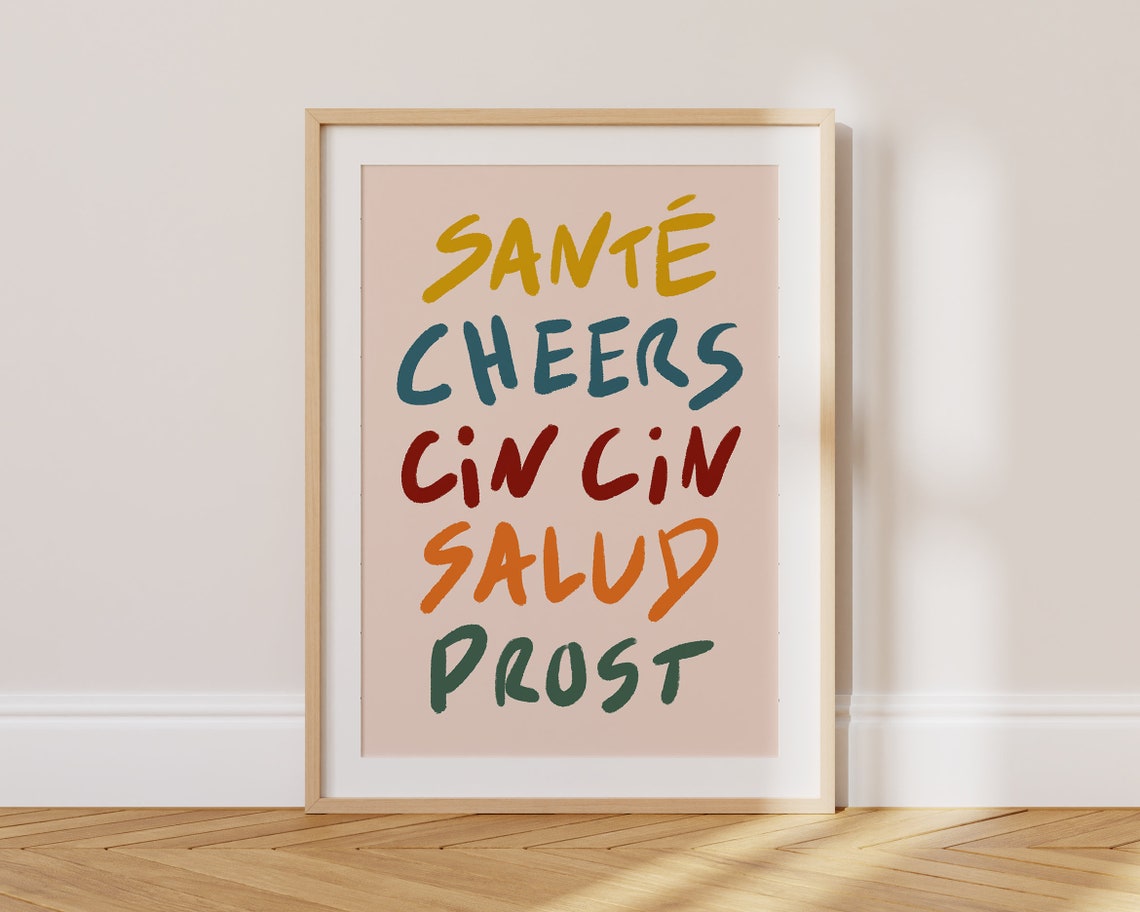 Sante Cheers Cin Cin Salud Prost Colorful Hand Drawn Bar Poster