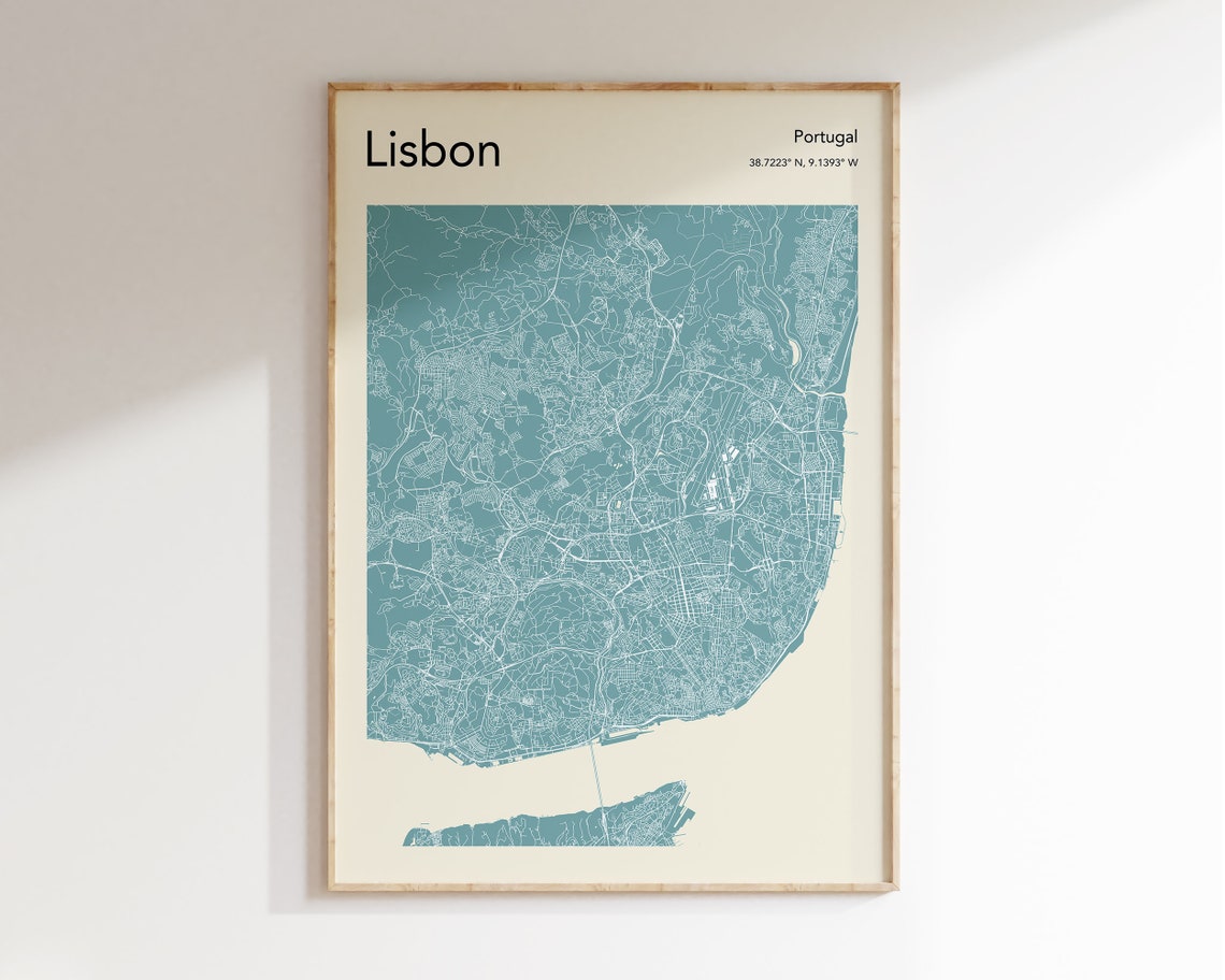 Elegant Lisbon Portugal Teal and Cream Minimalist City Map Poster