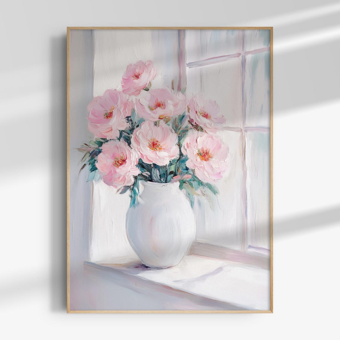 Pink Peonies In White Vase By Window Soft Oil Painting Poster - Image 4