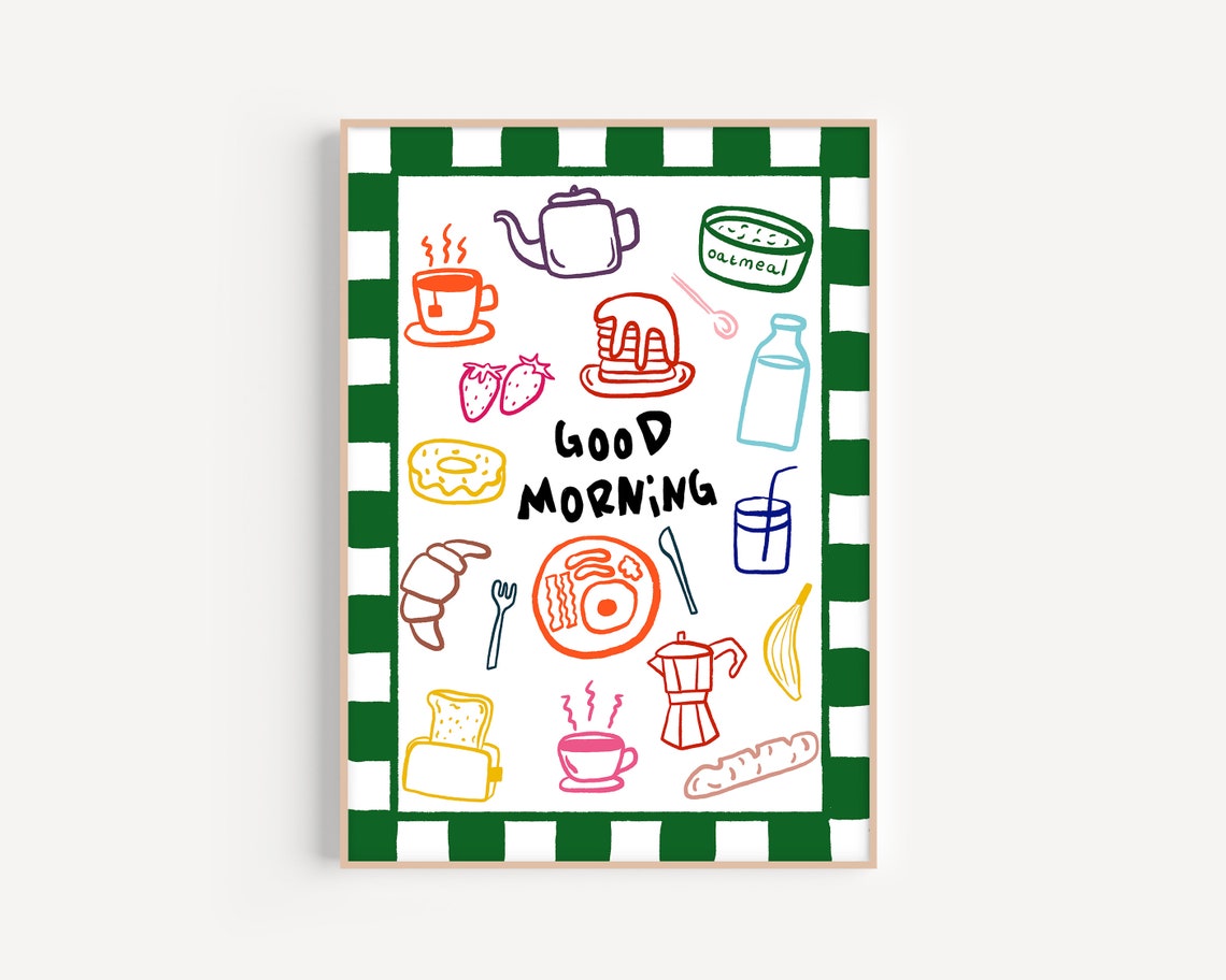 Good Morning Breakfast Doodles Green Checkered Kitchen Art Poster