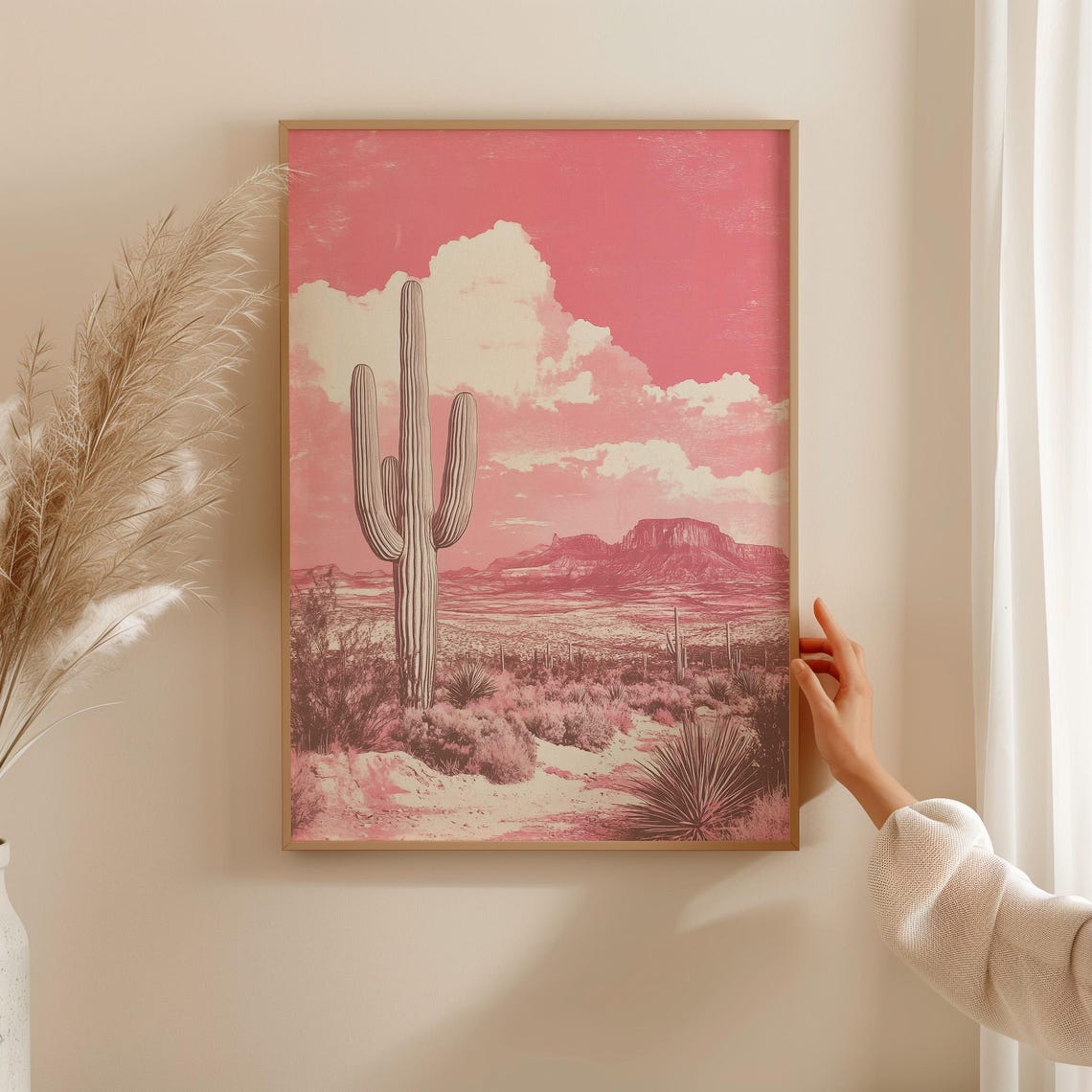 Pink Desert Saguaro Cactus Monochrome Canyon Landscape Art Poster - Image 4