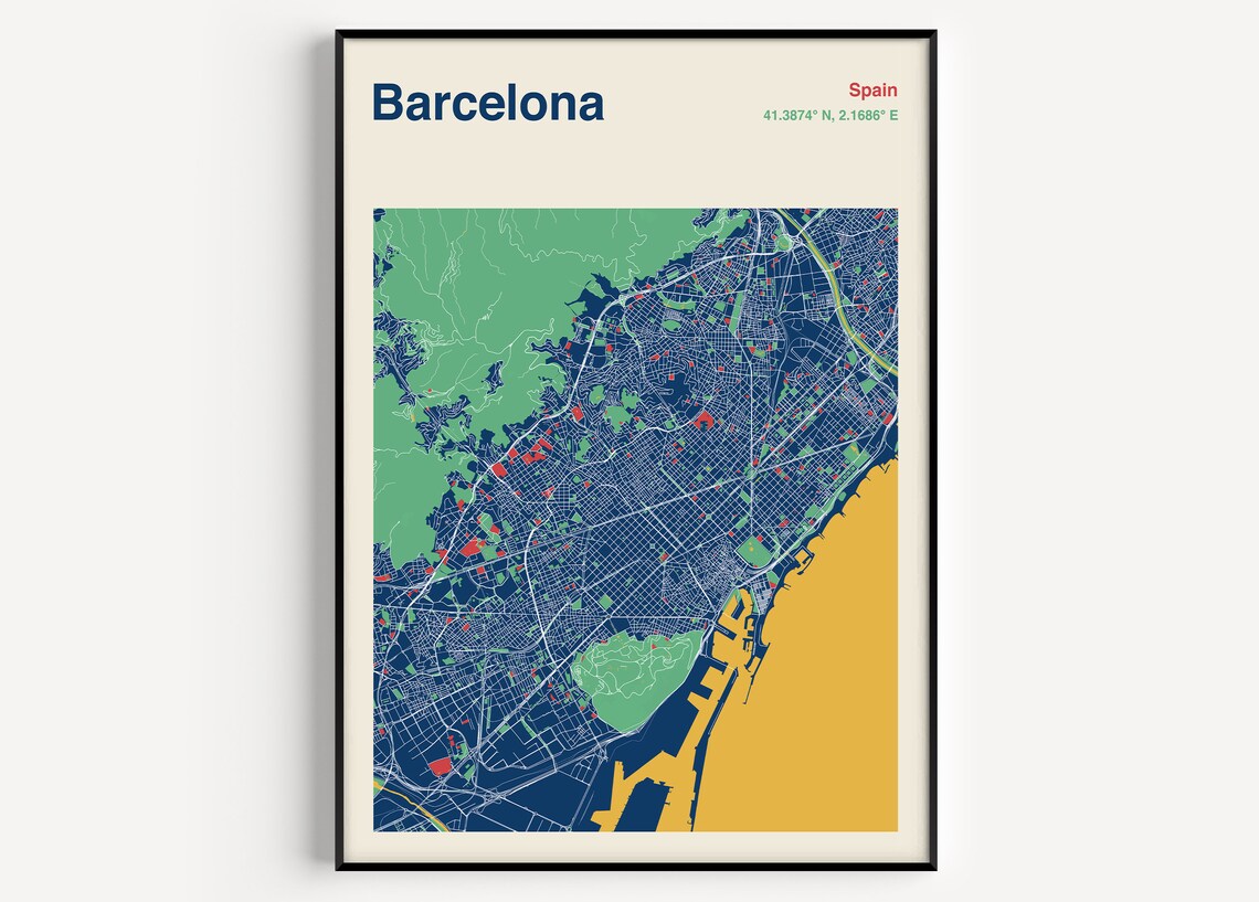 Barcelona City Map Travel Poster, Custom Map Print