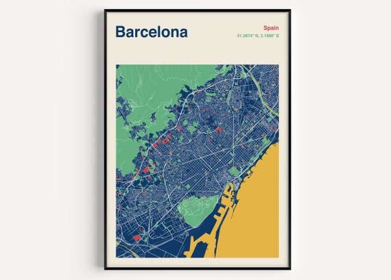 Barcelona City Map Travel Poster, Custom Map Print