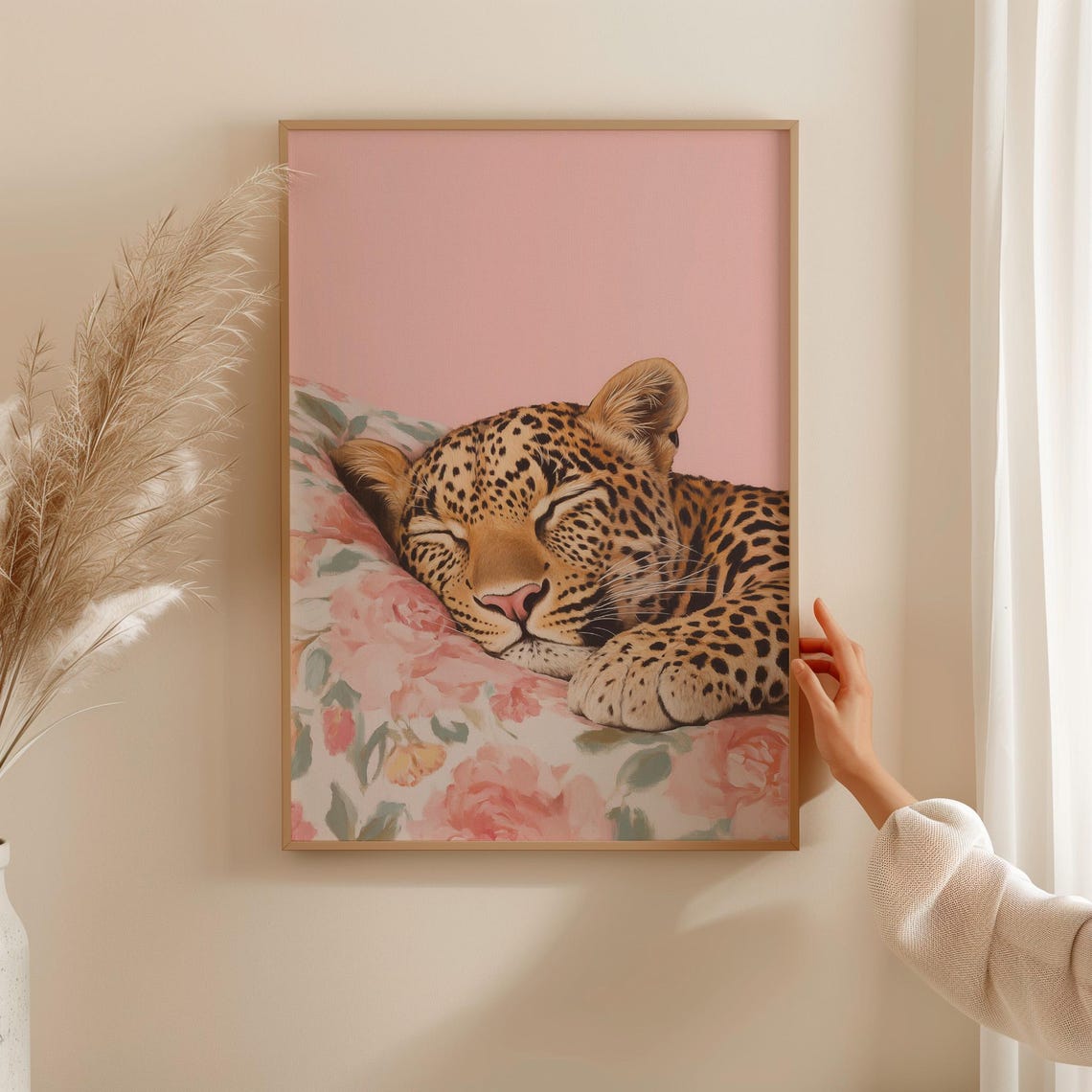 Sleeping Leopard Cub Resting On Floral Pillow Pink Bedroom Poster - Image 4