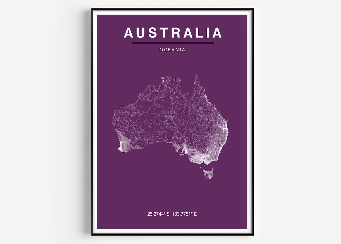 Australia Oceania Country Map Art Deep Purple Line Style Poster