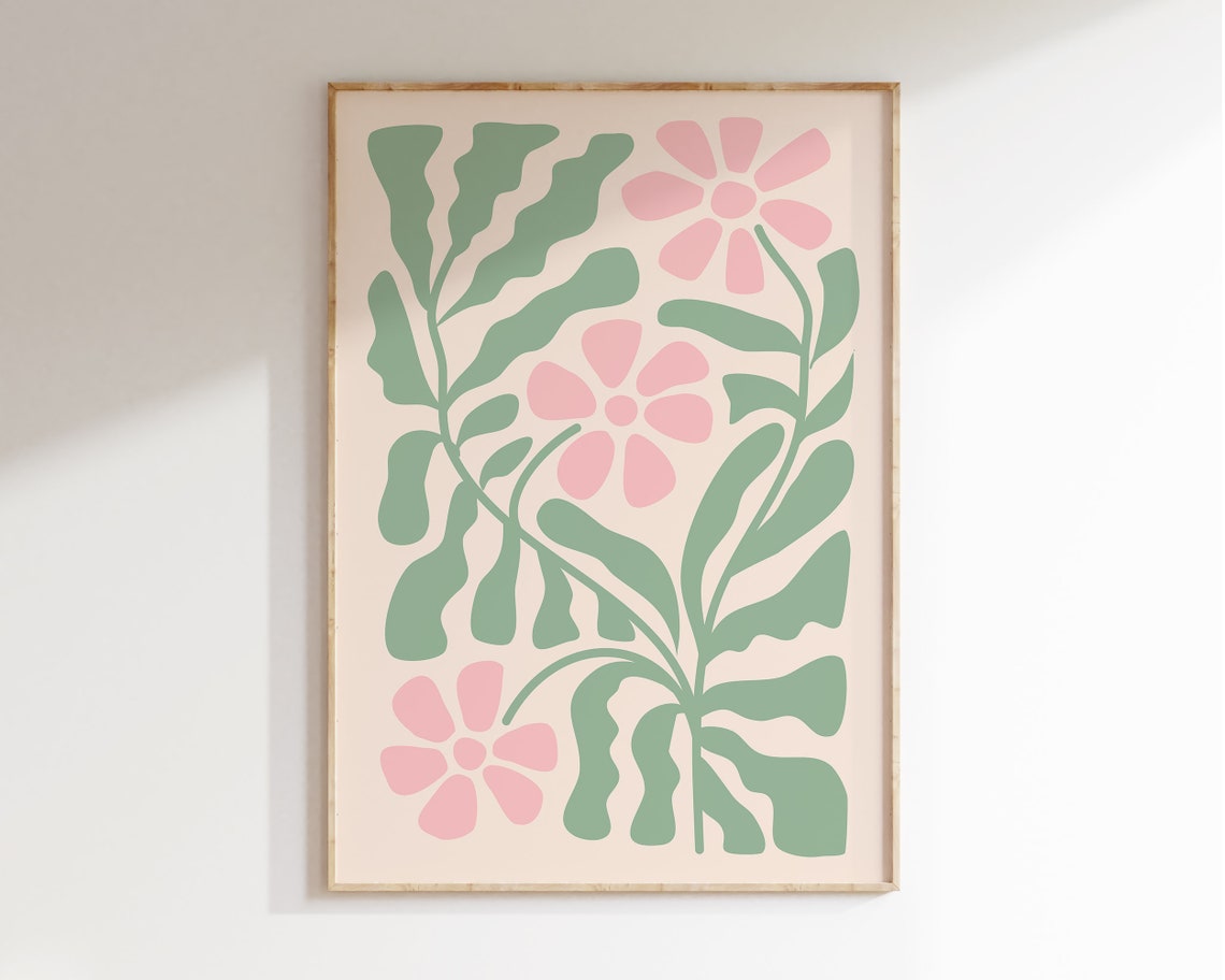 Pastel Sage Green Leaves Pink Flowers Retro Botanical Art Poster