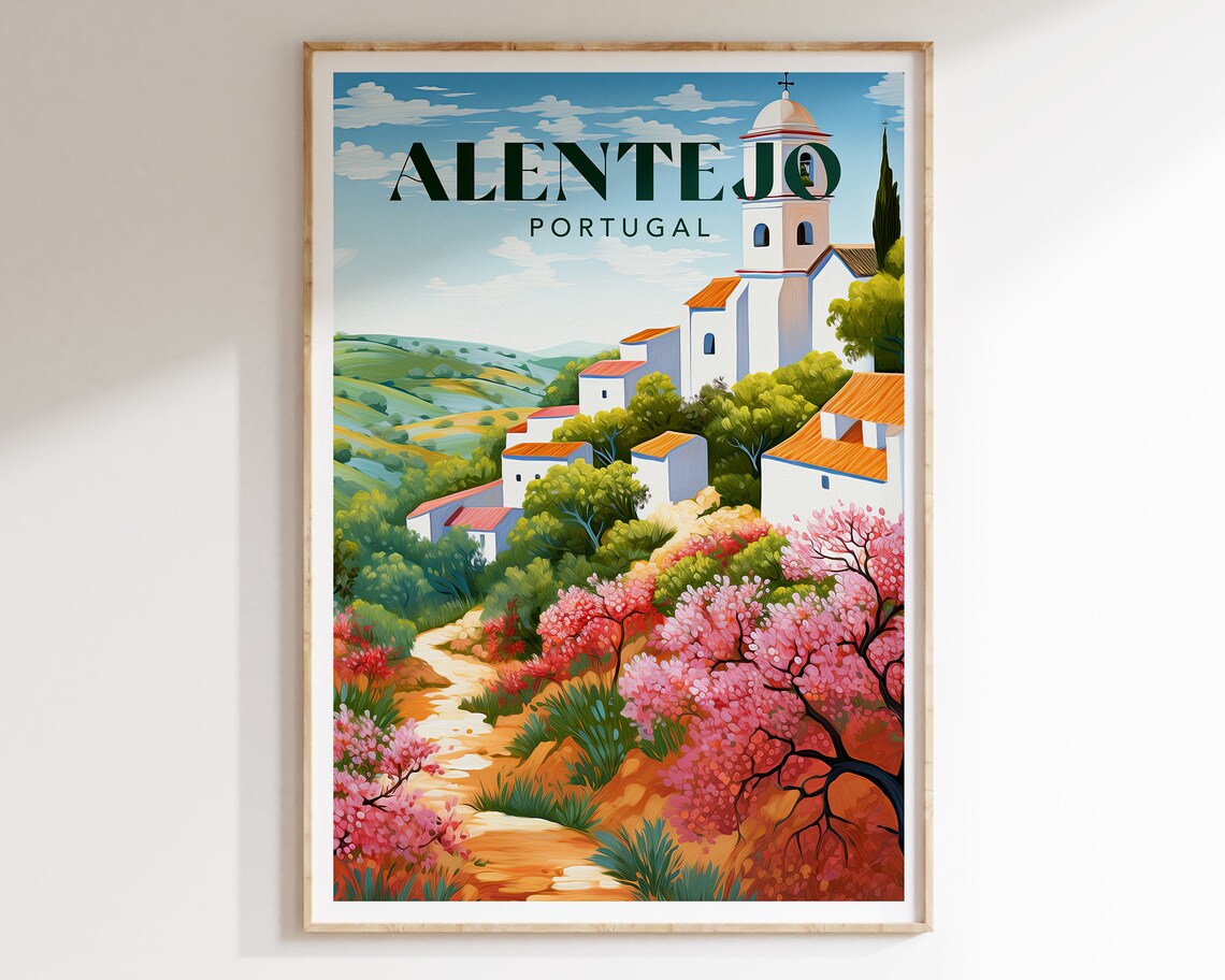 Alentejo Portugal Vintage Travel Landscape Hillside Village Poster