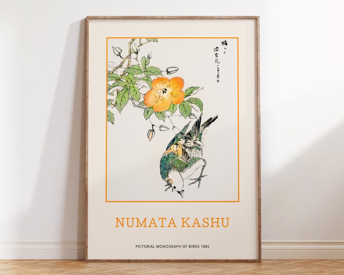 Numata Kashu Japanese Bird And Yellow Flower Vintage Art Poster