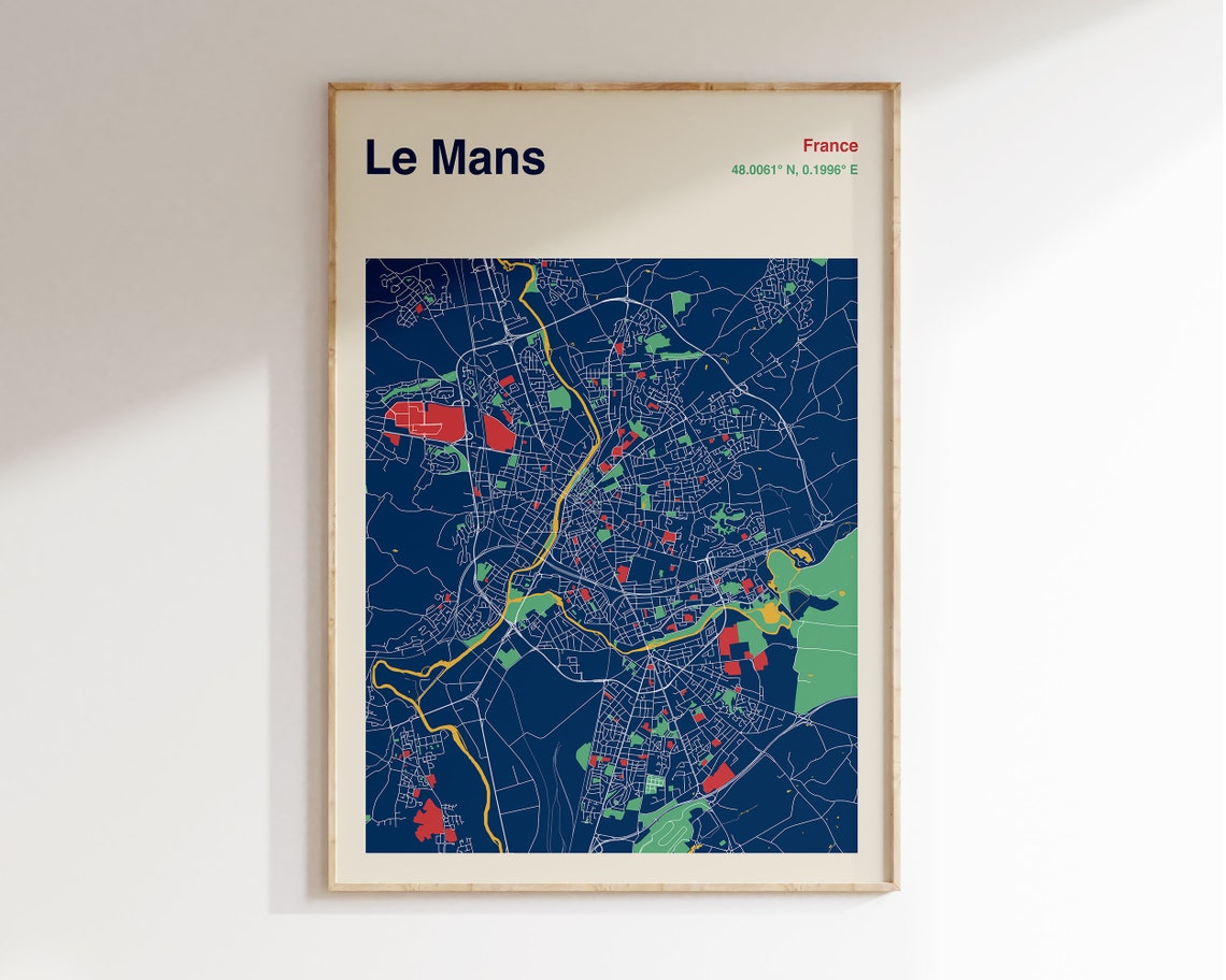 Le Mans France Colourful City Map Poster in Navy Red Green and Gold