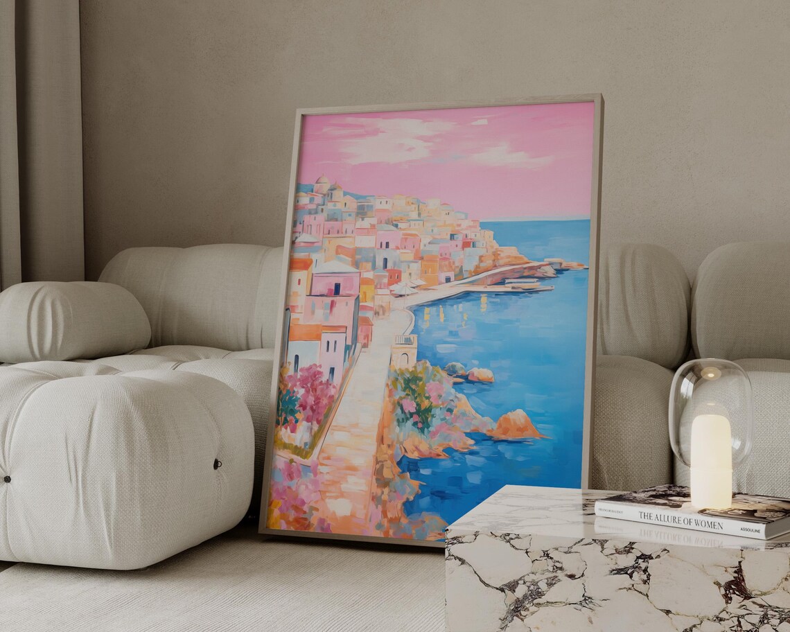 Pastel Mediterranean Coastal Town Painting Pink Sky And Blue Sea Poster - Image 3