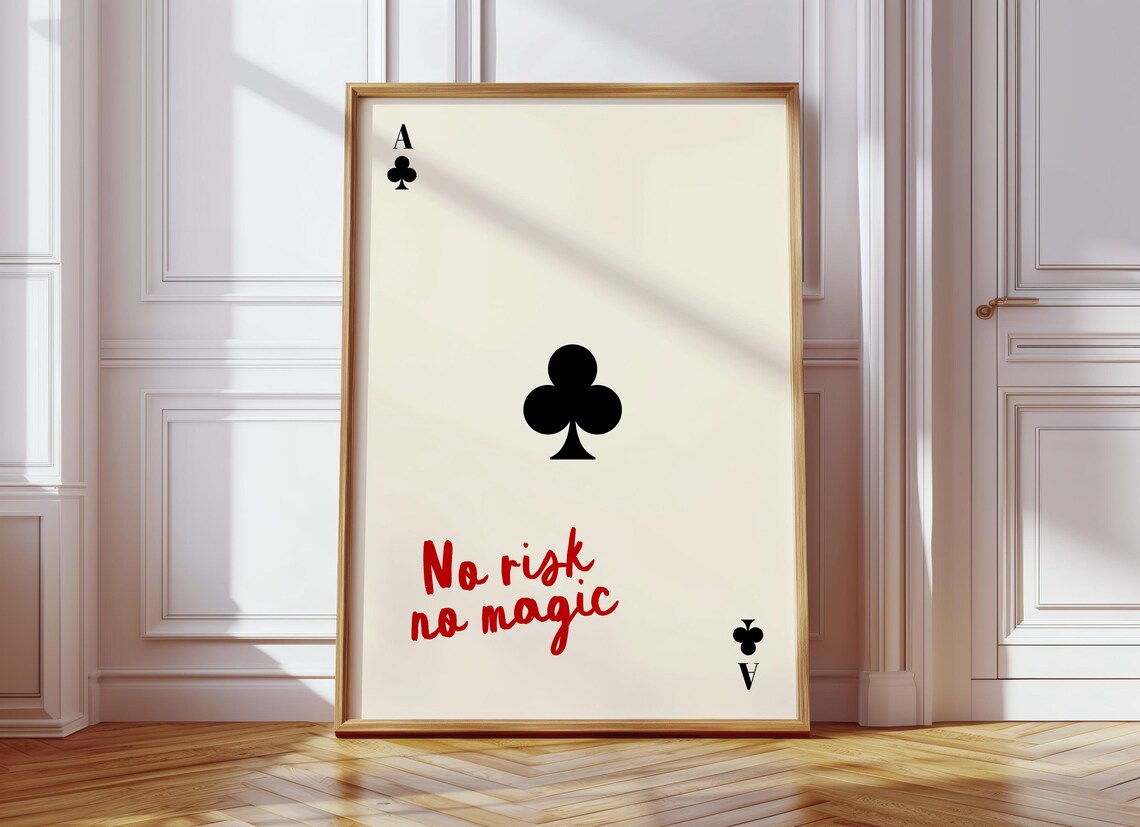 Ace Of Clubs Playing Card Poster No Risk No Magic Retro Quote Design - Image 2