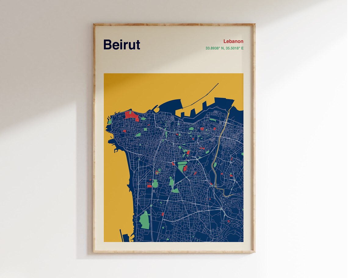 Beirut Lebanon Navy Gold Minimalist City Street Map Decor Poster