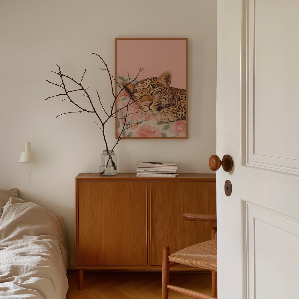 Sleeping Leopard Cub Resting On Floral Pillow Pink Bedroom Poster - Image 3